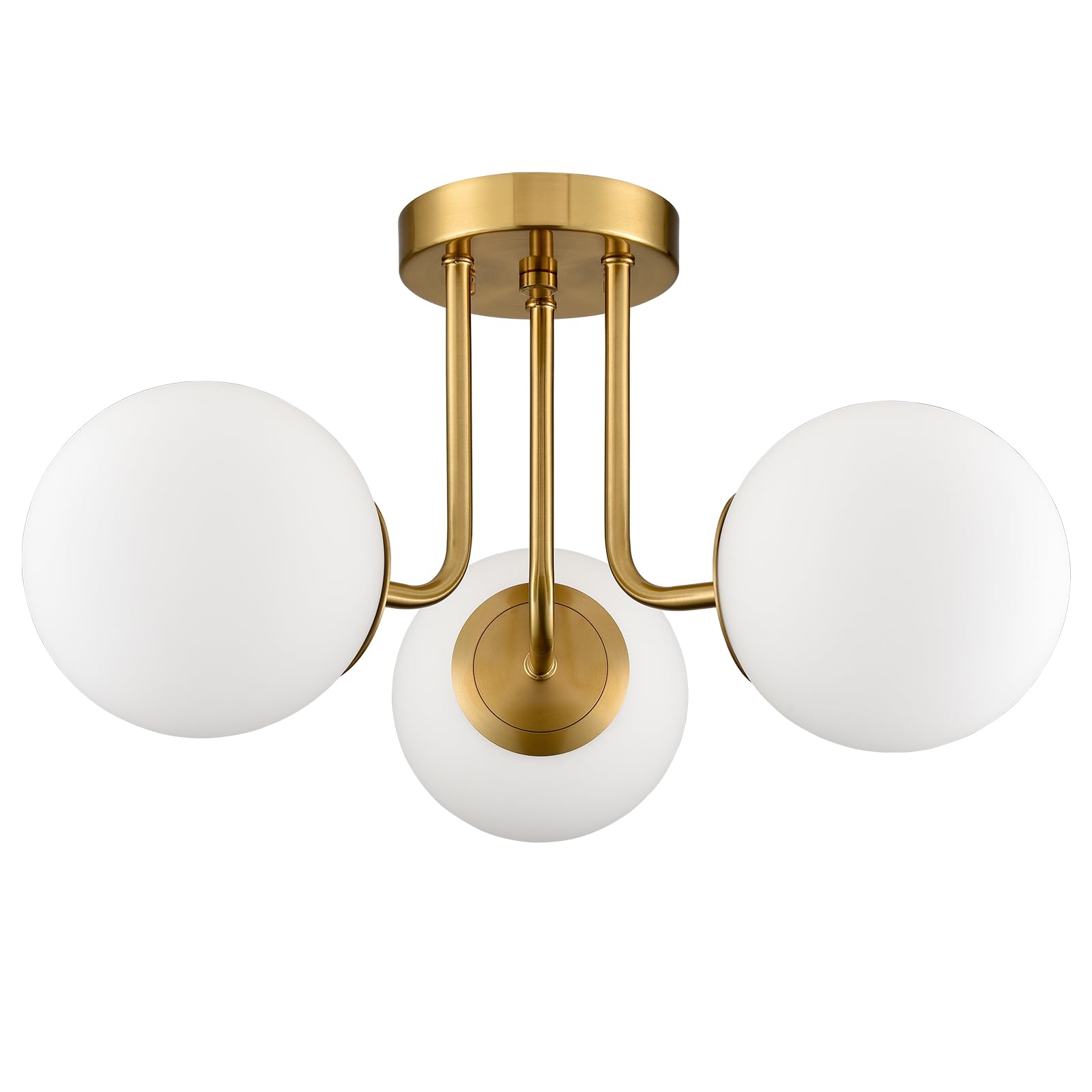 Modern Brass Gold 3-Light Ceiling Light with Globe White Glass Shade Semi Flush Mount Ceiling Light for Living Room Hallway Sputnik Chandelier Lighting Fixture