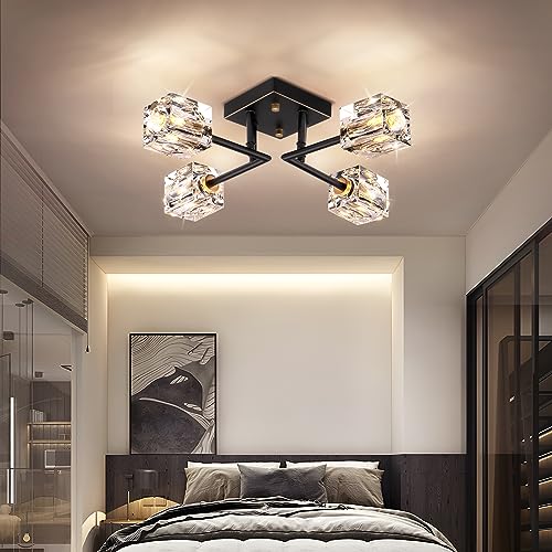 Semi Flush Mount Ceiling Light Fixture Modern 6 Lights Gold Crystal Chandelier,Brushed Nickel Sputnik Chandeliers for Hallway Entryway Bedroom Dining Room Farmhouse Kitchen Office