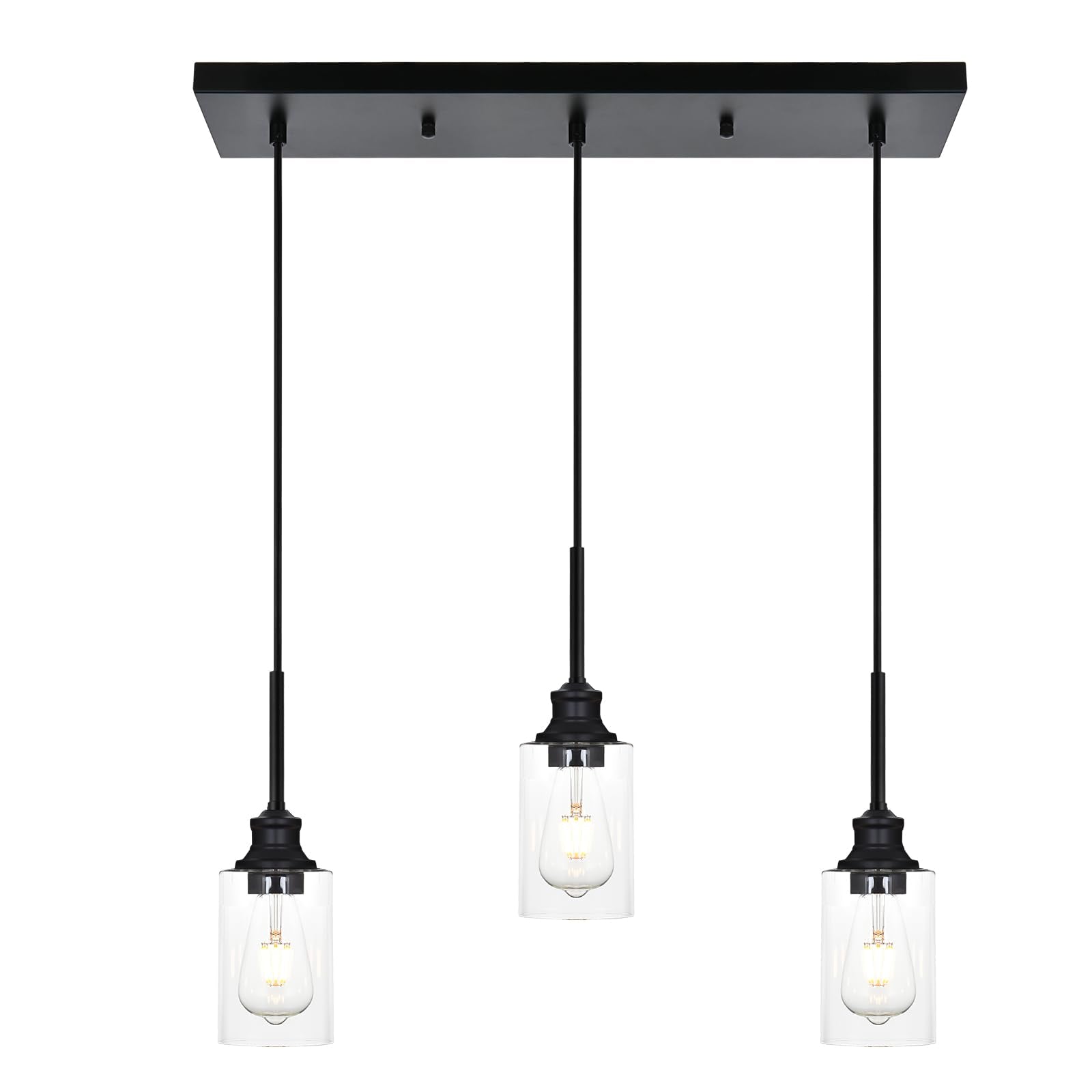 3-Light Kitchen Island Pendant Light Fixtures Hanging Black Farmhouse Pendant Lighting Cluster with Clear Glass Shade, Modern Industrial Linear Chandeliers Light for Dining Room Foyer Hallway