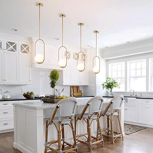 Modern Gold Globe Pendant Light Mid Century Chandelier 1-Light Brushed Brass Ceiling Hanging Lighting Fixture with White Globe Glass Lampshade for Kitchen Island Dining Room Bedroom (2 Pack)