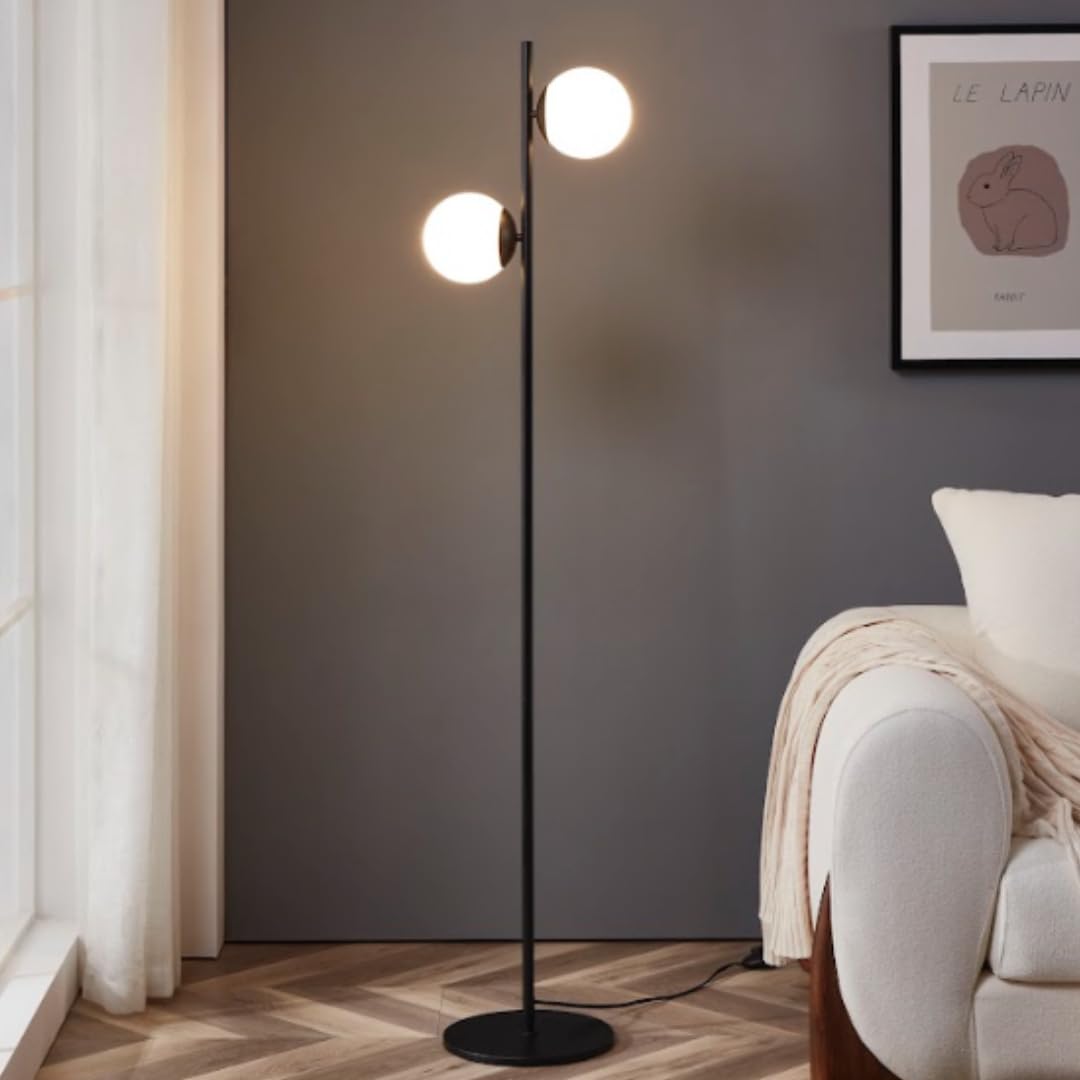 Brightech Sphere - Mid Century Modern 2 Globe Floor Lamp for Living Room Bright Lighting - Contemporary LED Standing Light for Bedrooms & Offices - Black Indoor Pole Light