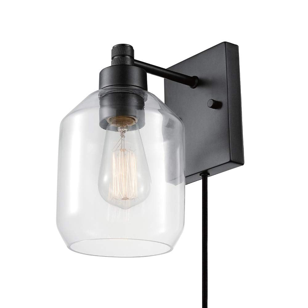 Globe Electric 51715 Salma 1-Light Plug-in or Hardwire Wall Sconce, Matte Brass, Smoked Amber Glass Shade, Black Fabric Cord, in-Line On/Off Switch