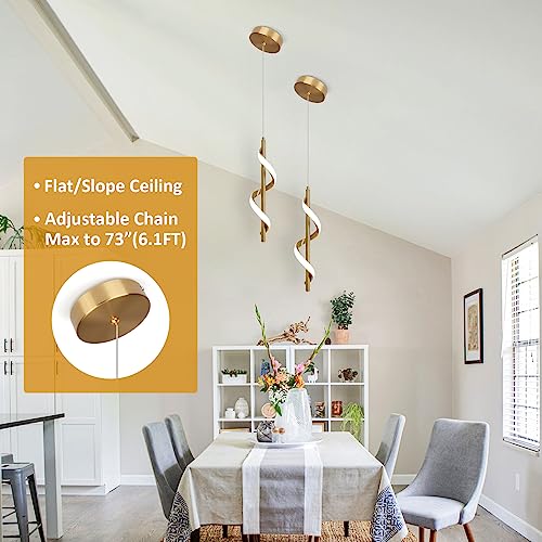 Gold Pendant Light, Spiral Modern Led Pendant Lighting for Kitchen Island, 5500K Brushed Brass Ceiling Hanging Light Fixture for Dining Room Bedroom Sink Table Small Pendant Lights