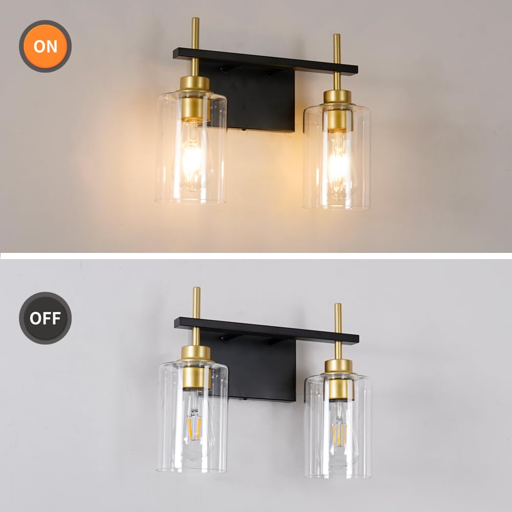 Black and Gold Wall Sconces Set of Two, Bathroom Sconce Wall Lighting Set of 2,Modern Glass Bathroom Wall Light, Wall Mounted Light for Bedroom Living Room Hallway