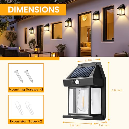 Solar Wall Lights Outdoor, Dusk to Dawn Motion Sensor Lights Waterproof, 2 Pack Motion Sensor Solar Porch Lights with 3 Modes, for Patio, Garage, Shed