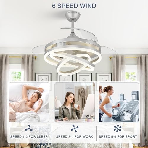 42 Inch Retractable Ceiling Fan, Chandelier Ceiling Fans with Lights, Silent DC Motor, 6 Speeds, 3 Color Changing for Bedroom Living Room (Gold)