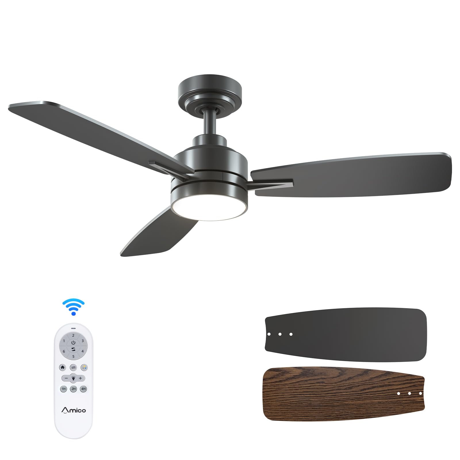 Ceiling Fans with Lights, 44 inch Ceiling Fan with Light and Remote Control, Reversible, 3CCT, Dimmable, Noiseless, Small Black Ceiling Fan for Bedroom, Indoor/Outdoor Use