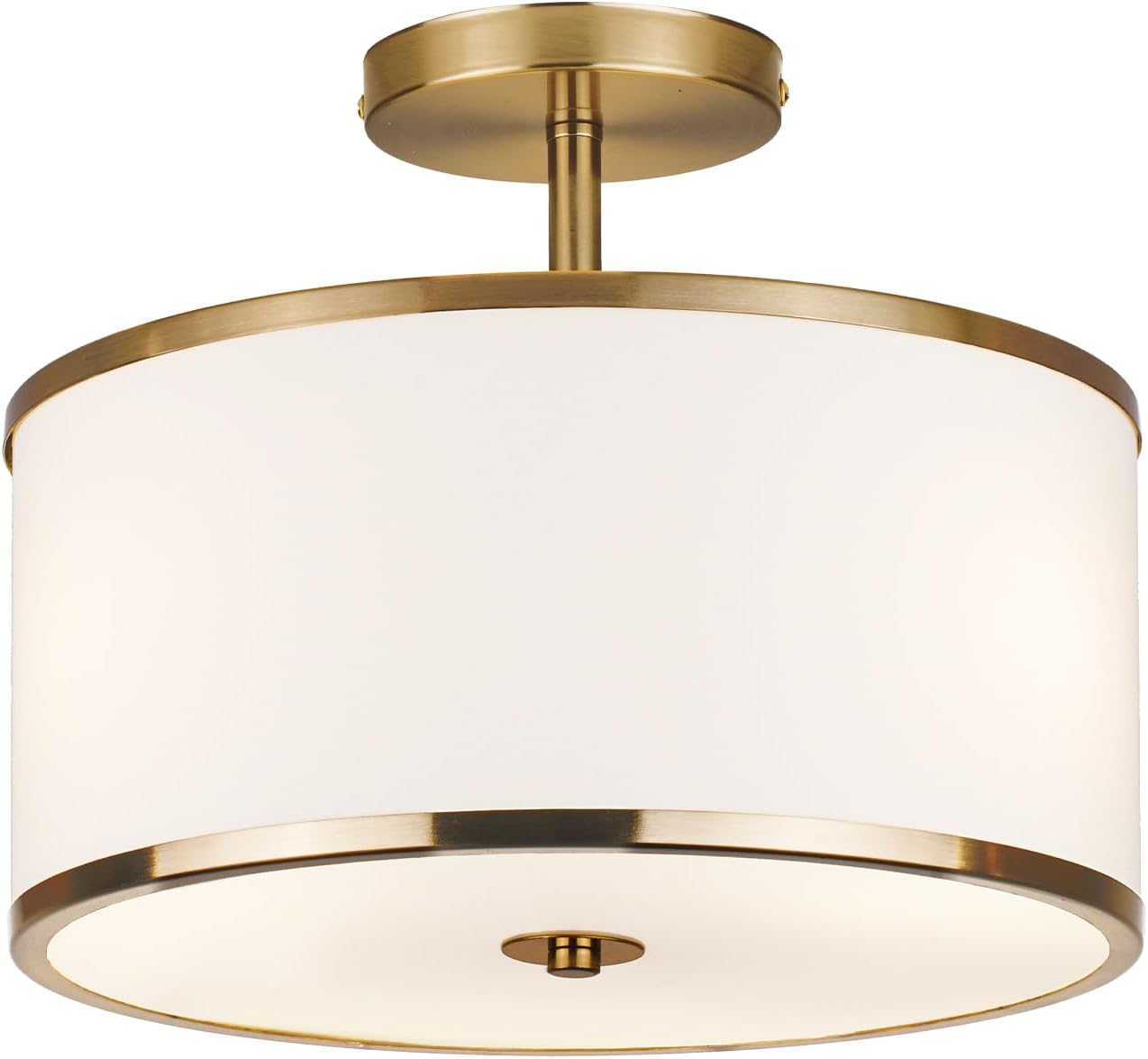 Luxury Semi Flush Mount Ceiling Light, 3-Light Drum Lamp with Gold Brass Finish and Fabric Shade, Ideal for Bedroom, Kitchen, Dining Room, Hallway, Entryway, and Foyer, 12.6"