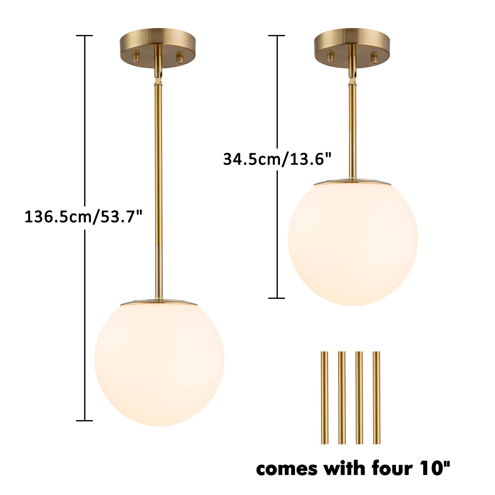 Mid Century Modern Pendant Lighting Gold Globe Pendant Light Fixture,1-Light White Glass Shade Brushed Brass Finished Hanging Light Fixture for Kitchen Island