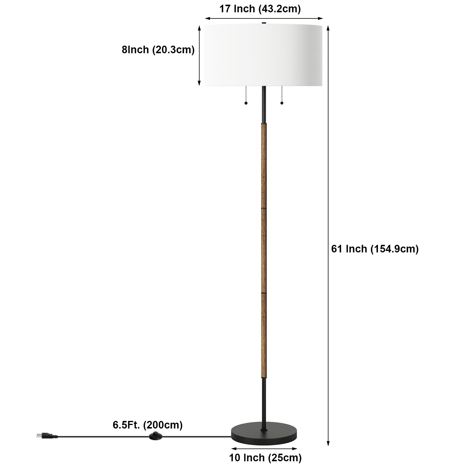 2-Light Floor Lamp, Mid Century Floor Lamp with White Fabric Shade, Standing Lamp Tall Lamp for Living Room Bedroom, 3 Color Temperatures 9W Bulb Include