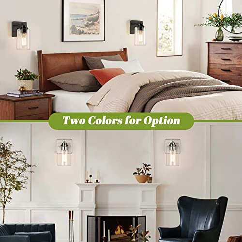 Set of 2 Wall Sconces for Bathroom, Modern Vanity Light Fixtures, Matte Black Wall Mount Lighting Lanterns, Farmhouse Wall Lights with Clear Glass Shade for Bedroom Living Room Mirror Hallway Kitchen