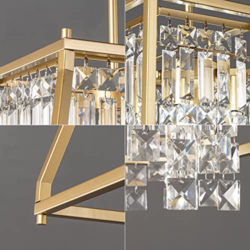 4-Light Dining Room Light Fixture 11.81 inch Square Lndustrial Farmhouse Chandelier Gold Metal Crystal Pendant Light for Kitchen Island Dining Room Living Room Flat and Inclined Ceiling