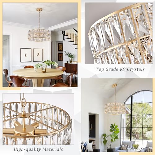 Gold Crystal Chandeliers, Modern Semi Flush Mount Chandelier 4-Ligh Drum Crystal Ceiling Pendant Light Fixture 12” for Foyer Entryway Kitchen Hallway Dining Room