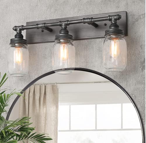 24'' Large Bathroom Light Fixtures, Industrial 3 Mason Jar Vanity Light with Antique-Silver Brushed Finish