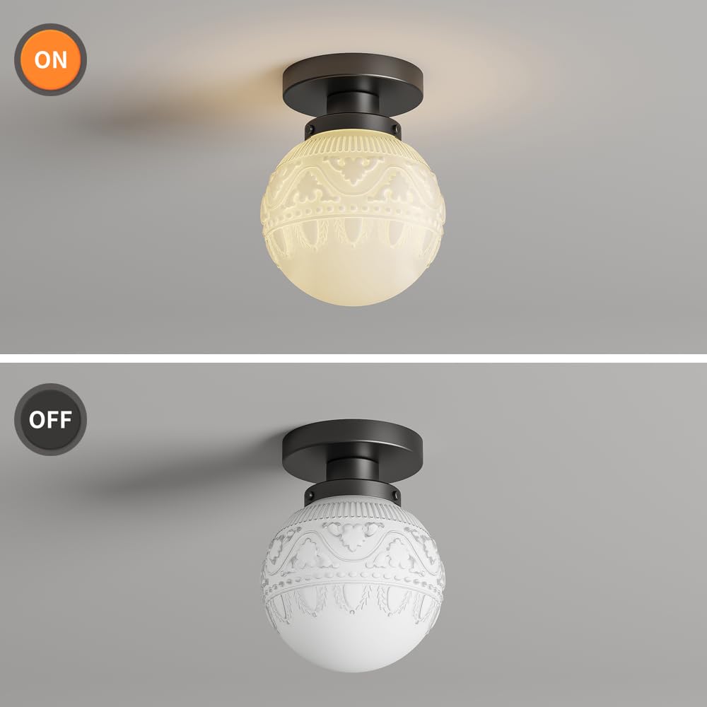 Semi Flush Mount Ceiling Light Fixtures, Vintage Globe Glass Ceiling Light Fixture, Antique Small Black Hallway Light Fixtures for Bedroom, Closet, Entryway, Bathroom, Kitchen