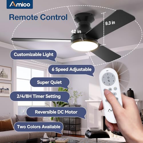 Ceiling Fans with Lights, 42 inch Low Profile Ceiling Fan with Light and Remote Control, Flush Mount, Reversible, 3CCT, Dimmable, Noiseless, Black Ceiling Fan for Bedroom, Indoor/Outdoor Use