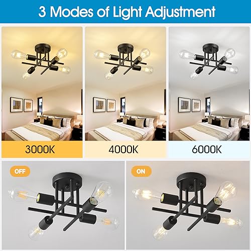 4-Light Modern Sputnik Chandelier, Mid Century Ceiling Light Fixture, Gold Black Semi Flush Mount Ceiling Lights for Dining Room Bedroom Foyer Hallway Kitchen Office (2 Pack)