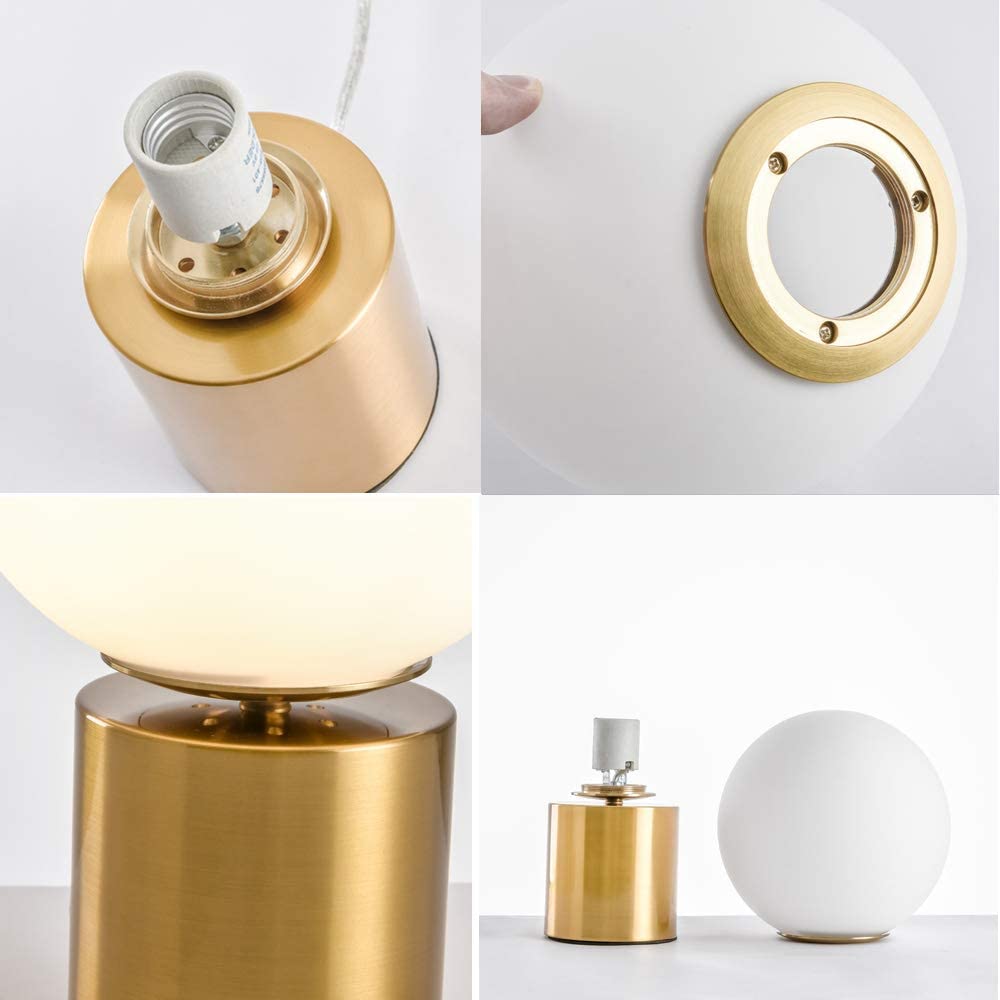 Modern Gold Globe Table Desk Lamp,Vintage Mid Century Round Table Lamp with White Glass Shade Metal Base for Bedroom Bedside Lamp Living Room End Table