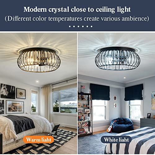 Semi Flush Mount Ceiling Light Fixture Antique Small Crystal Chandelier Indoor Lighting for Bathroom Hallway Cafe Bar Porch Hall（Black）