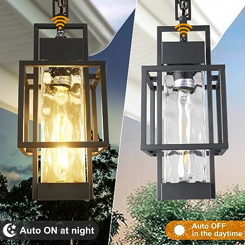 15" Dusk to Dawn Outdoor Pendant Light Exterior Hanging Lantern, Modern Black Metal Outside Chandelier Light Fixture Ceiling Mount with Water Glass for Front Porch Entrance Foyer Entryway