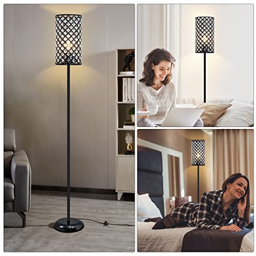 Crystal Floor Lamp, Elegant Standing Lamp Modern Floor Lamp Silver Finish Tall Pole Lamp Accent Light with On/Off Foot Switch for Living Room, Girl Bedroom, Dresser, Office