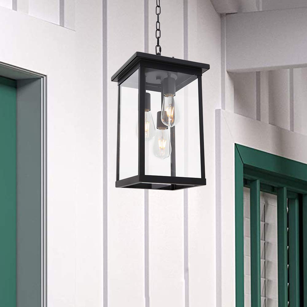 3-Lights Large Outdoor Pendant Light, Black Porch Ceiling Lighting Fixtures with Seeded Glass Panel, Exterior Hanging Lantern Adjustable Chain for Yard Entryway Patio