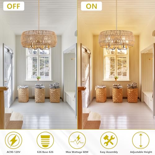 Rattan Chandelier Light Fixture 6-Light Large White Pendant Lighting Hand Woven Rustic Boho Chandelier Adjustable Farmhouse Drum Hanging Light Fixture for Kitchen Island Dining Room Hallway