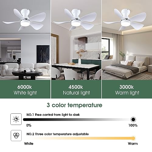 Ceiling Fans with Lights and Remote/APP Control, 30 inch Low Profile Ceiling Fans with 5 Reversible Blades 3 Colors Dimmable 6 Speeds Ceiling Fan for Bedroom Kitchen Dining Room, White