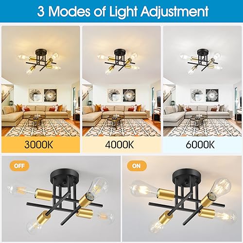 4-Light Modern Sputnik Chandelier, Mid Century Ceiling Light Fixture, Gold Black Semi Flush Mount Ceiling Lights for Dining Room Bedroom Foyer Hallway Kitchen Office (2 Pack)