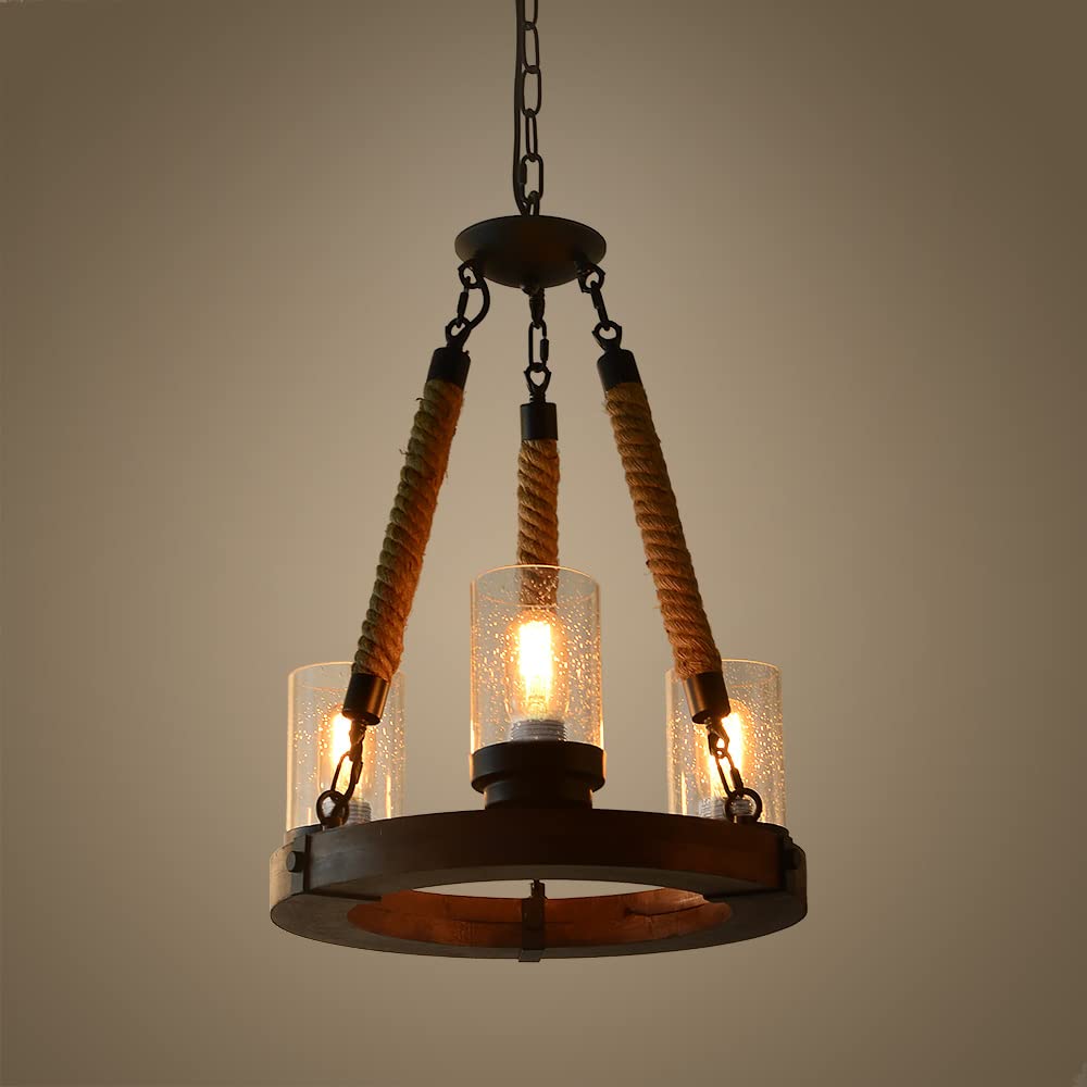 Wooden Ring Hemp Rope Chandelier Retro Farmhouse Pendant Lighting Round Wagon Wheel Light Fixtures 3 Lights with Glass Shade, Brown (C0047)