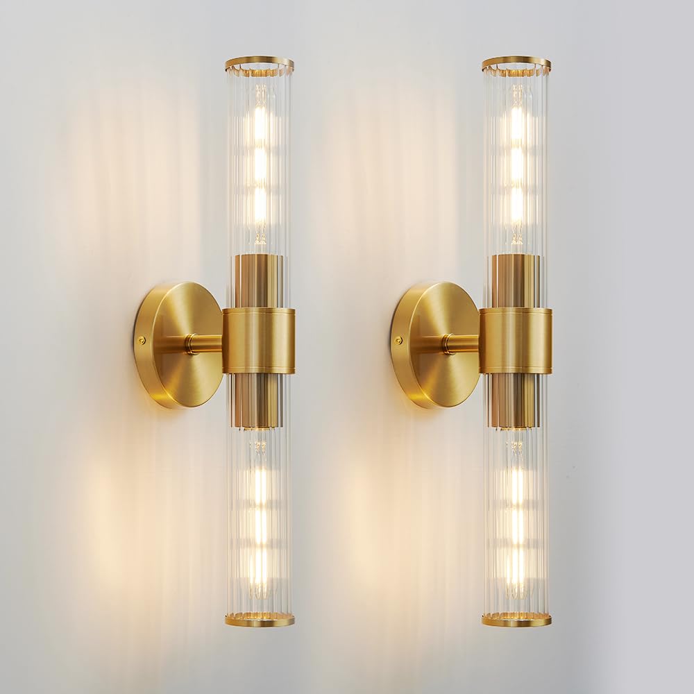 Gold Wall Sconce, Bathroom Light Fixtures in Clear Glass Indoor Wall Sconces, Modern Sconce Wall Lighting Up and Down Vanity Lights Fixtures for Bathroom,Living Room,Hallway, Kitchen