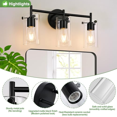 Bathroom Light Fixtures 2023 Upgrade, 3-Light Matte Black Bathroom Vanity Light, Black Bathroom Lights Over Mirror with Clear Glass Shade, Bathroom Wall Sconces for Mirror Bedroom Living Room Hallway