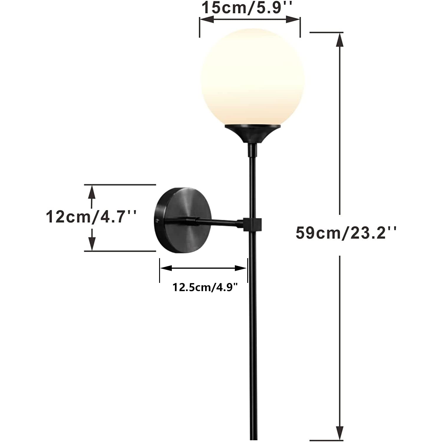 Lighting Modern Smoke Grey Glass Globe Black Matte Slim Wall Sconce Light with Long Arm Vintage Industrial Wall Sconce for Hallway, Stairs, Bathroom Mirror