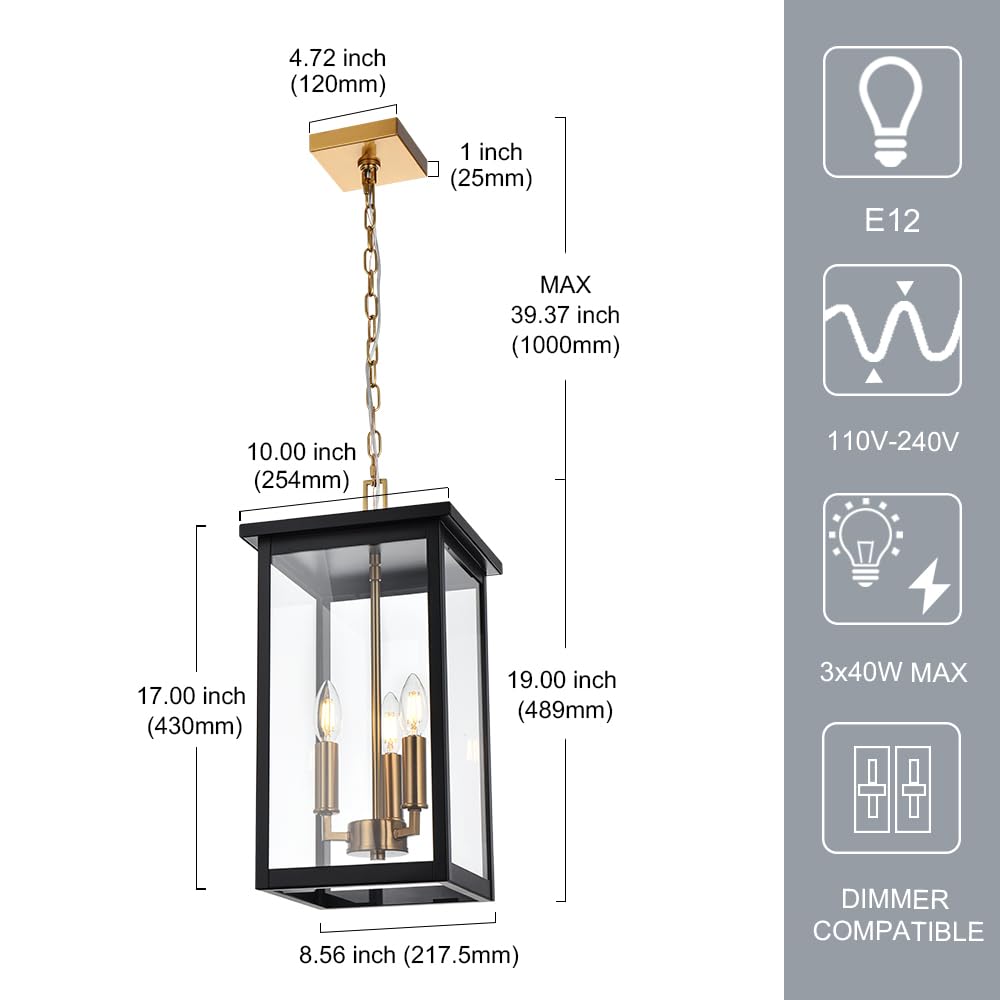 3-Lights Large Outdoor Pendant Lighting Clear Glass, Ceiling Porch Light Fxitures Adjustable Chain for Foyer Patio, Exterior Hanging Lantern Lamp, E12 Bulb Base, Black & Bruhed Brass