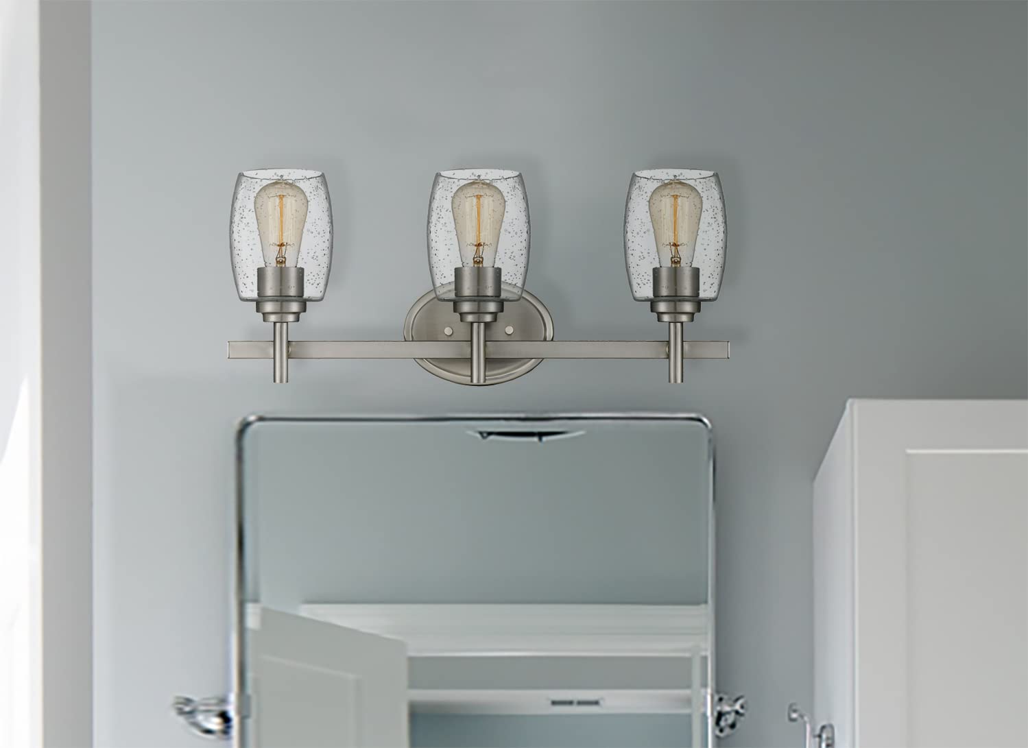 Farmhouse 3-Light Vanity Light Industrial Wall Sconce Lighting with Seeded Glass Shade in Brushed Finish for Bathroom, Hallway, Kitchen, Mirror, Laundry Room