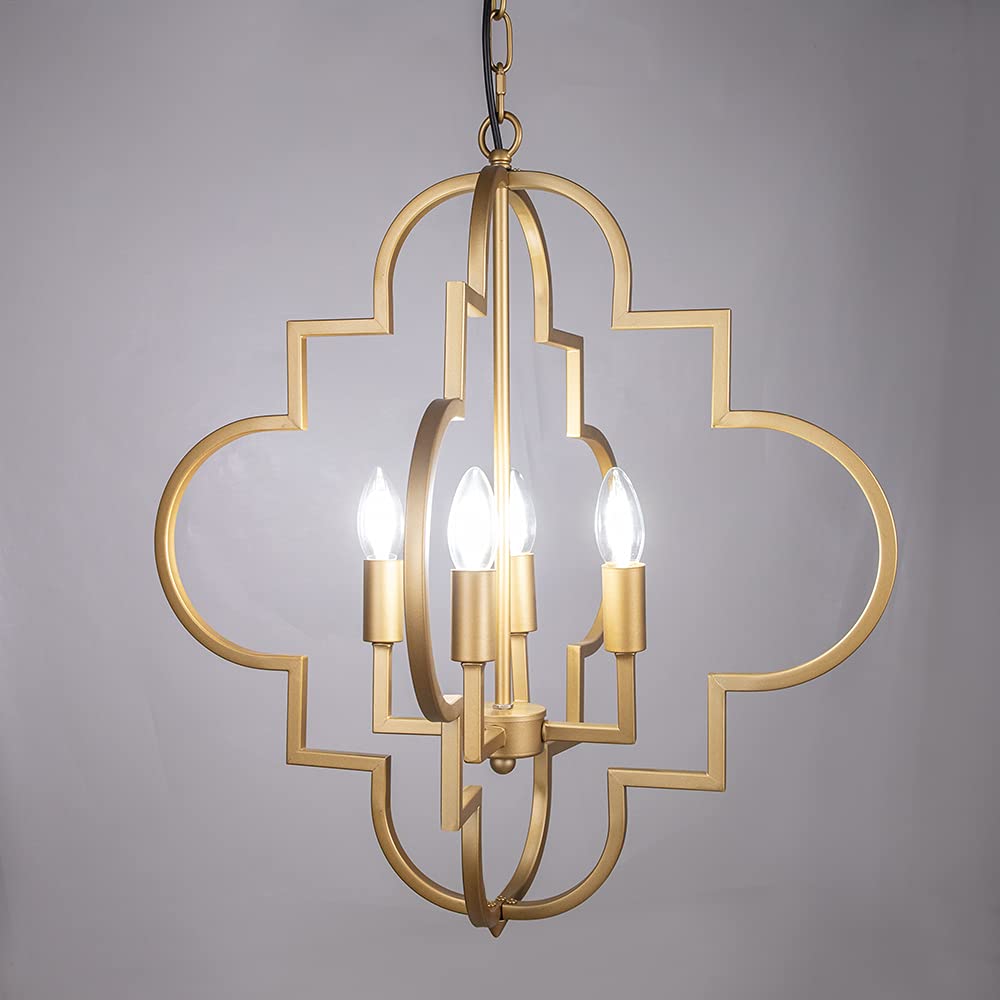 Orb Chandelier Lighting Gold 4-Light, Candle Style Geometric Dining Room Light Fixtures Hanging Foyer, Entryway, Hallway, Dining Room and Living Room, 22.4 inches Dia