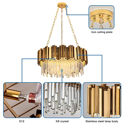 Modern K9 Crystal Pendant Lighting, Round Gold Crystal Chandelier Contemporary Luxury Pendant Ceiling Lighting Fixture for Dining Living Room Kitchen Island, Antique Gold