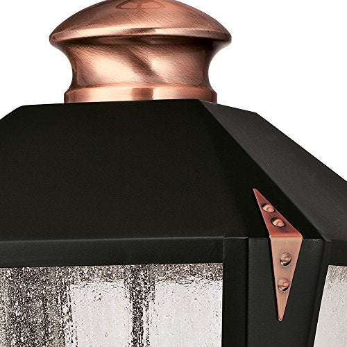 Three-Light Outdoor Pendant, Matte Black Finish with Washed Copper Accents and Clear Seeded Glass