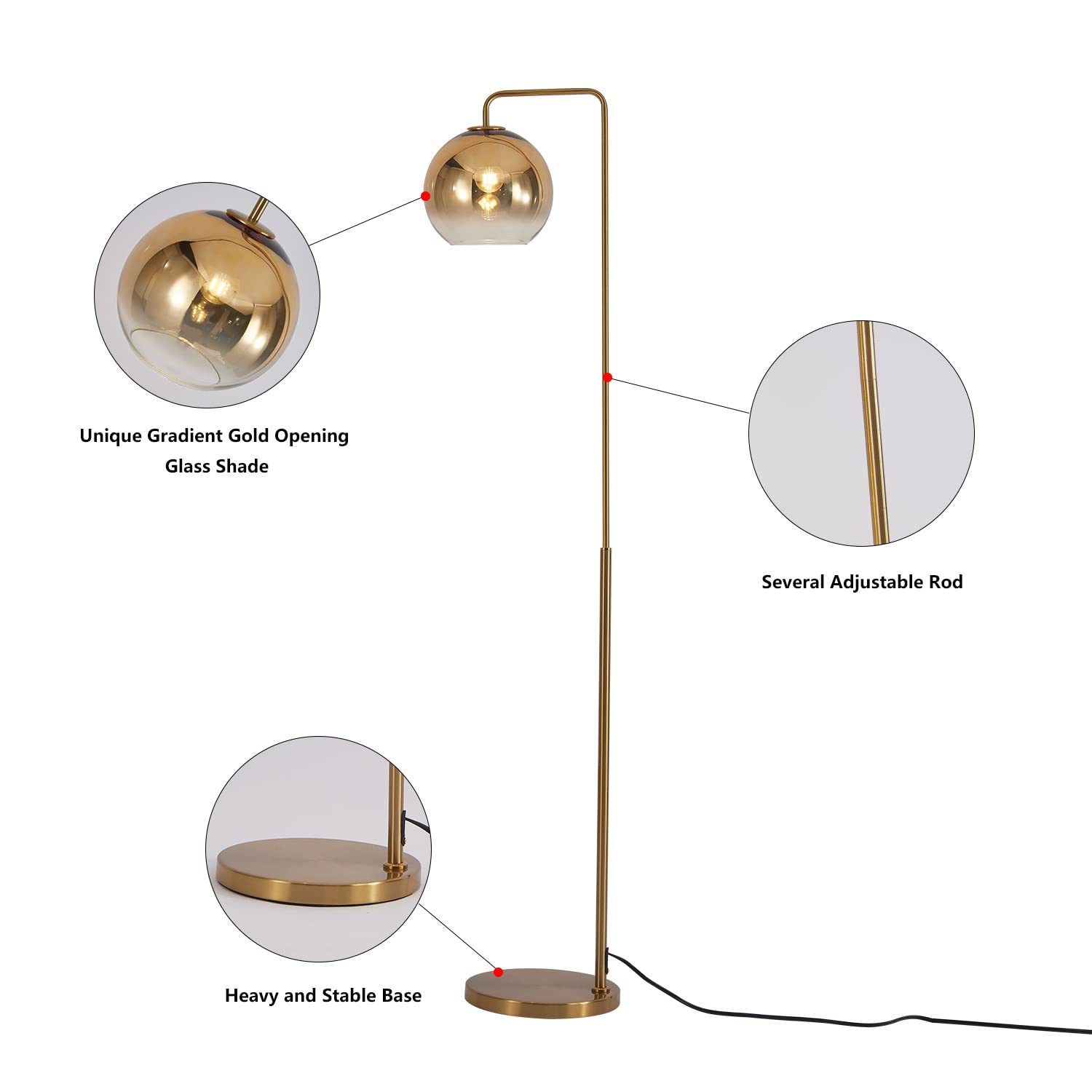 Lighting Contemporary Gradient Gold Floor Lamp Glass Globe LED Standing Light Mid Century Tall Pole Standing Accent Lighting for Office Living Room Bedroom (9.8”-Large)