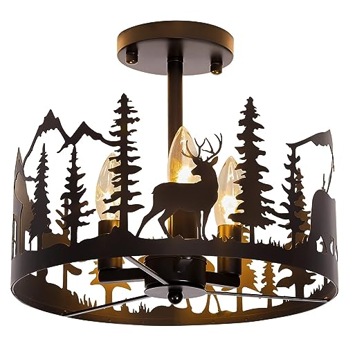 Rustic Semi-Flush Mount Ceiling Light Fixture,3-Light E12 Base Black Round Farmhouse Metal Light Fixtures for Kitchen, Hallway, Living Room, Industrial Style with Deer, Bear, Tree Design -Frame