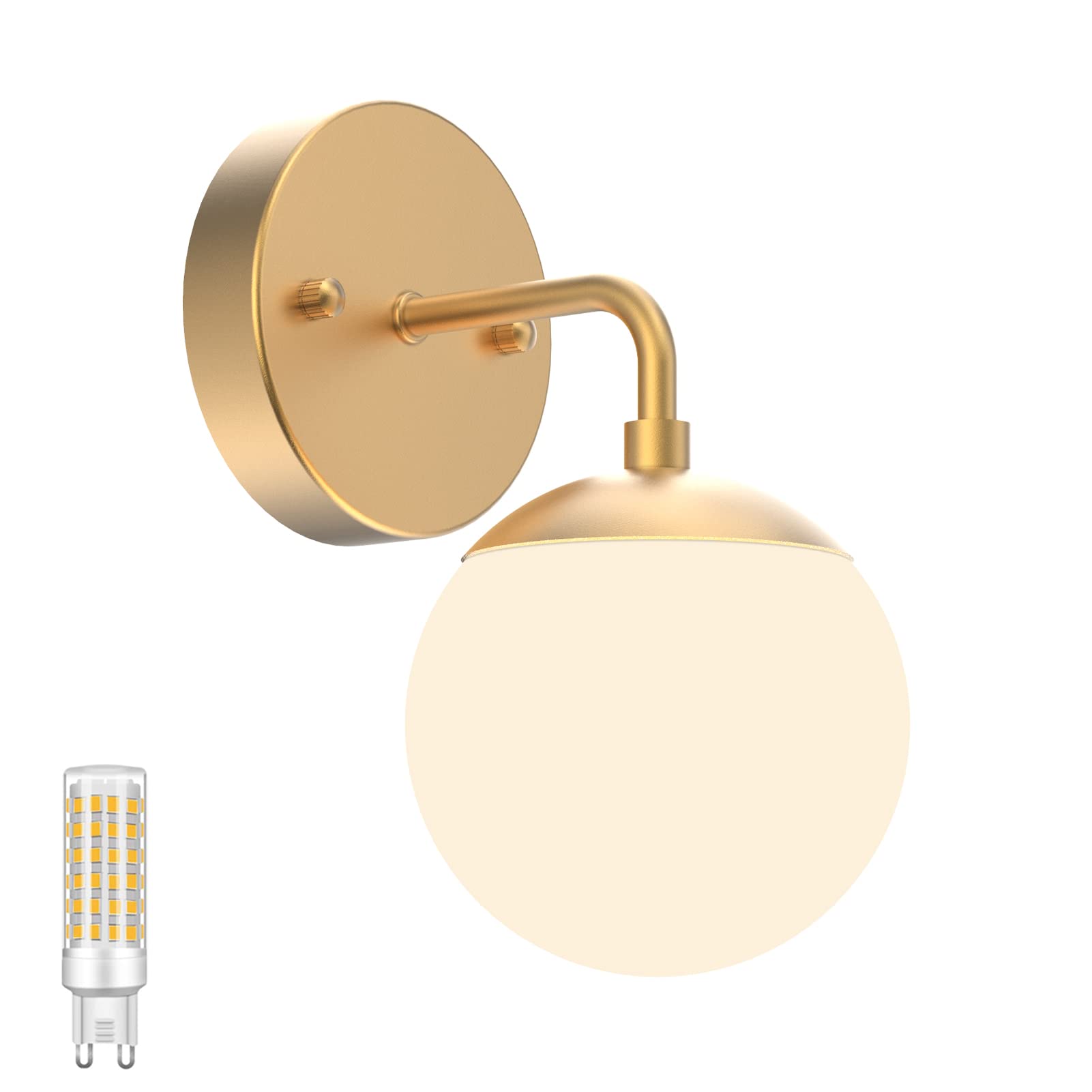 Gold Wall Sconce 1 Light,Mid Century Modern Globe Wall Sconce, Gold Wall Light for Restaurant Living Room Bedside Stairs Bathroom Mirror(3000K G9 Bulbs Include)