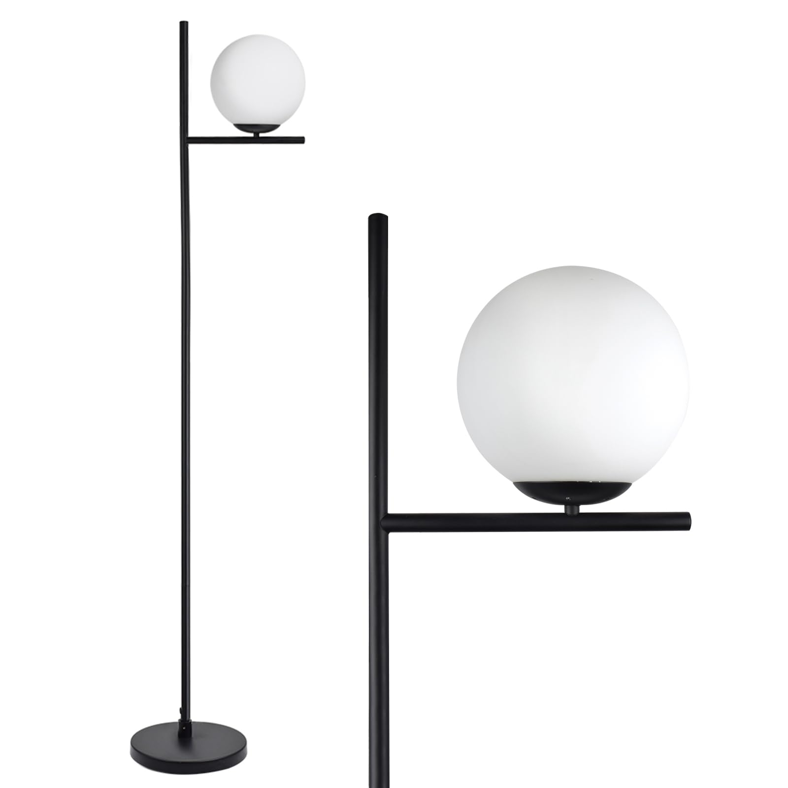 Modern LED Sphere Floor Lamp-9W Frosted Glass Globe Standing Lamps for bedroom, Energy Saving Mid Century Tall Pole Standing Accent lighting for Living Room, Office, Bedroom, Black