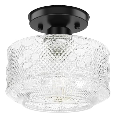 Modern 3-Light Semi Flush Mount Ceiling Light, Clear Glass Hallway Ceiling Light Fixture with Round Shade, Industrial Black Glass Close to Ceiling Lamp for Bathroom Kitchen Bedroom Porch