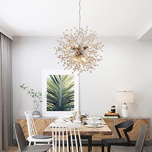 Modern Wooden Beads Dandelion Chandelier, Firework Pendant Lighting, 8-Lights Boho Hanging Light Fixture for Living Room Dining Room Bedroom Kitchen Foyer（Bulb is Included）