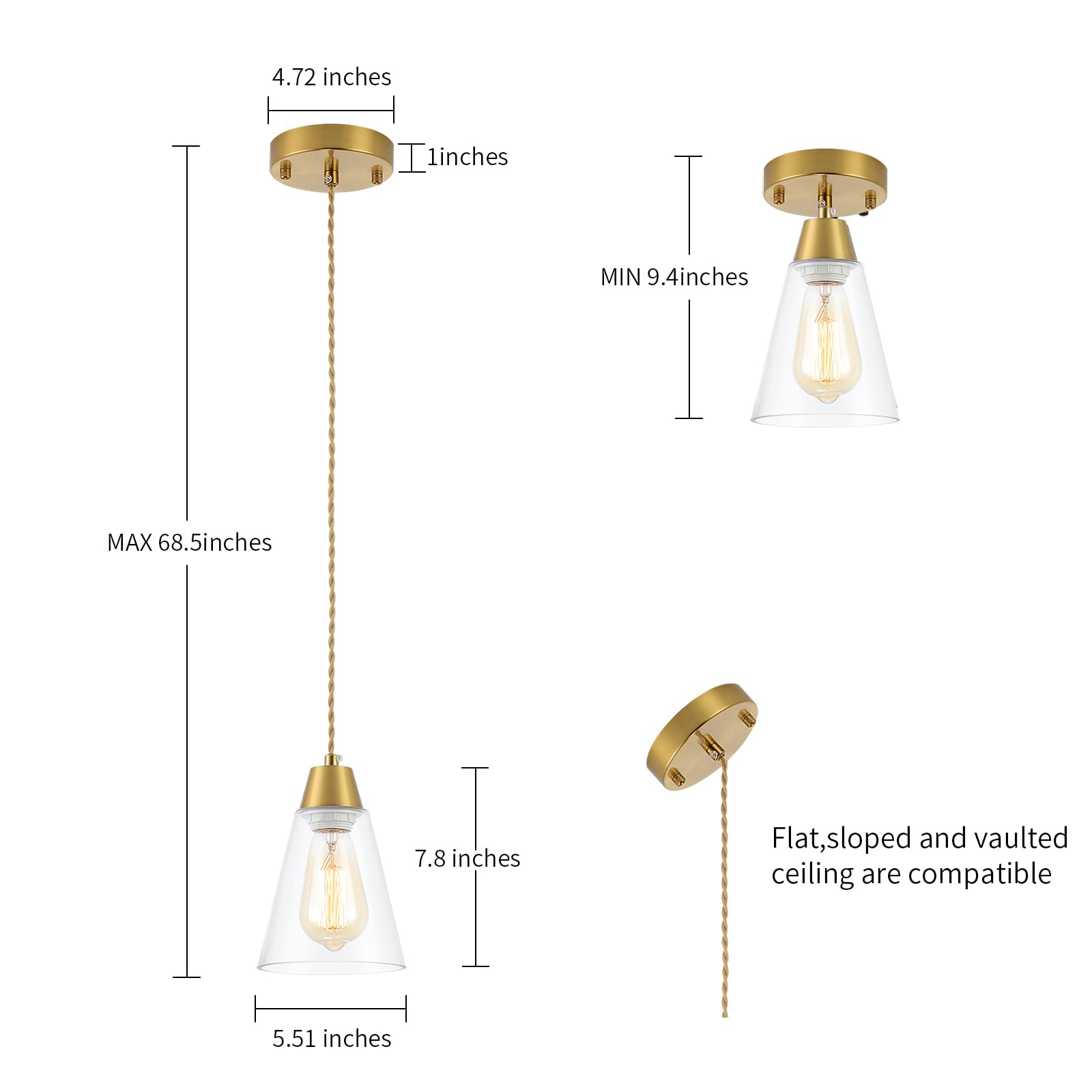 Gold Pendant Light 3 Pack,Brass Pendant Lights Kitchen Island, Dining Room Lamp Fixtures Over Table with Clear Glass Shade, Modern Mini Chandeliers,Adjustable Cord Hanging Lighting for Sink