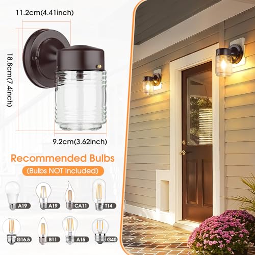 Jelly Jar Outdoor Wall Lantern, Black Exterior Waterproof Wall Mount Lighting Fixture, Anti-Rust Front Door Wall Sconce with Clear Ribbed Glass Shade, E26 Socket Wall Lamp for Patio, 2 Pack