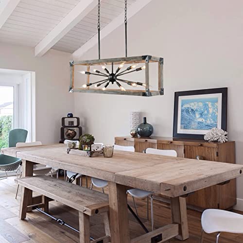 Kitchen Island Light Fixtures Dining Room Distressed White Rectangular Modern Farmhouse Chandelier, 3-Light Metal Rustic French Country Pendant Lighting Ceiling Light Hanging Lamp, No Wood