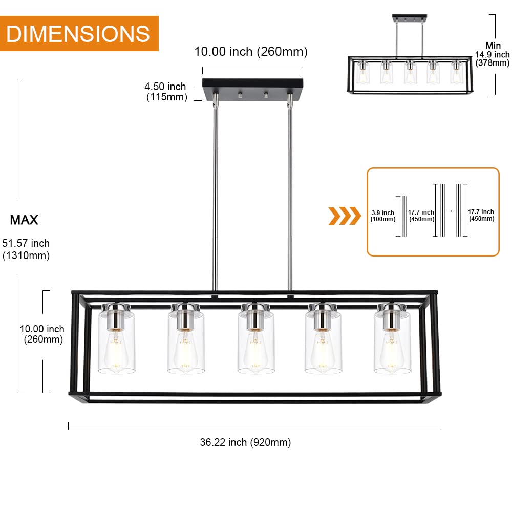 VINLUZ Contemporary Chandeliers Brushed Nickel 5 Light Modern Dining Room Lighting Fixtures Hanging, Kitchen Island Linear Pendant Lights Farmhouse Flush Mount Ceiling Light with Glass Shade