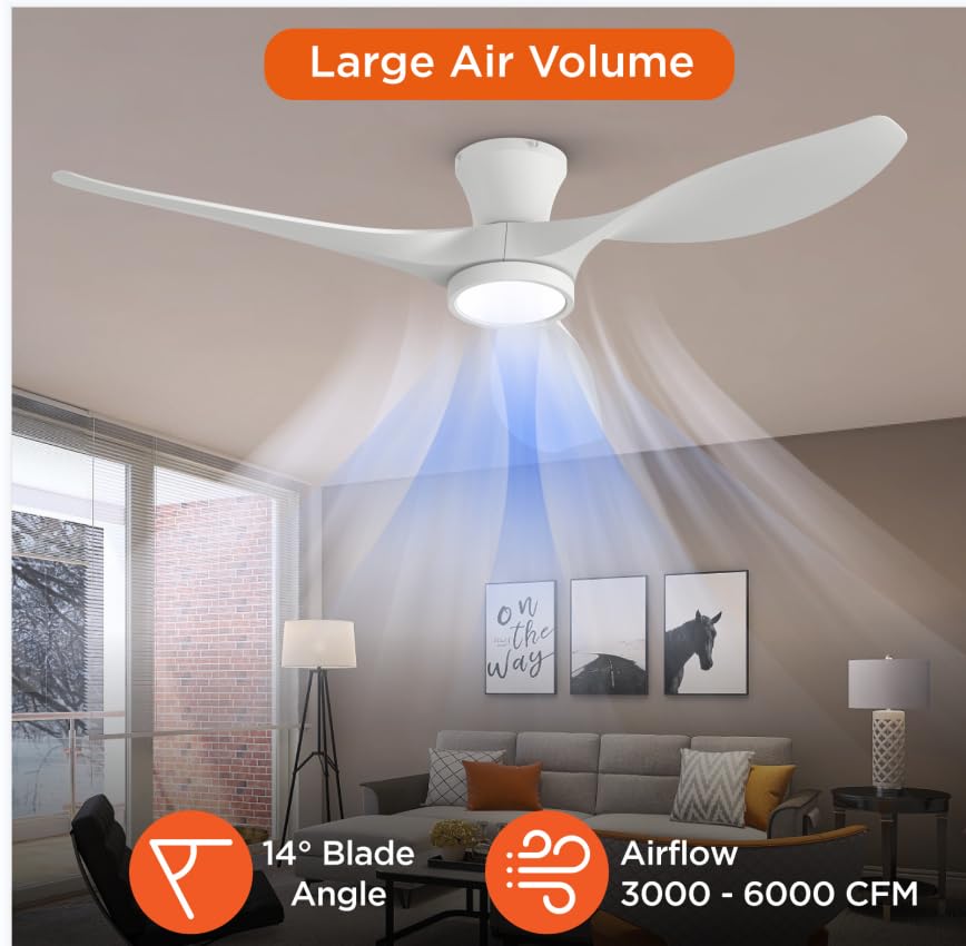 52 inch Ceiling Fans with Lights Remote Control, Modern Low Profile Ceiling Fan with Quiet Reversible DC Motor for Bedroom Living Room and Patio White