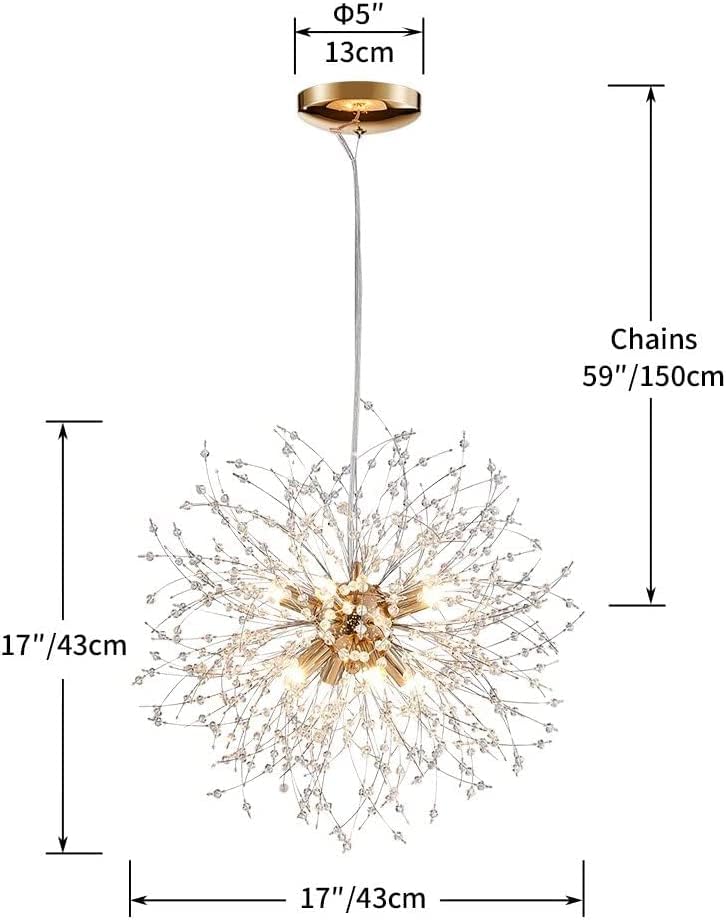 Dandelion Crystal Chandeliers, Modern Design, Firework Pendant Light Fixture for Living Space, H17'' x D17'', Adjustable Chains 59'', G9*9 Sockets, Brilliant Gold Finish Frame